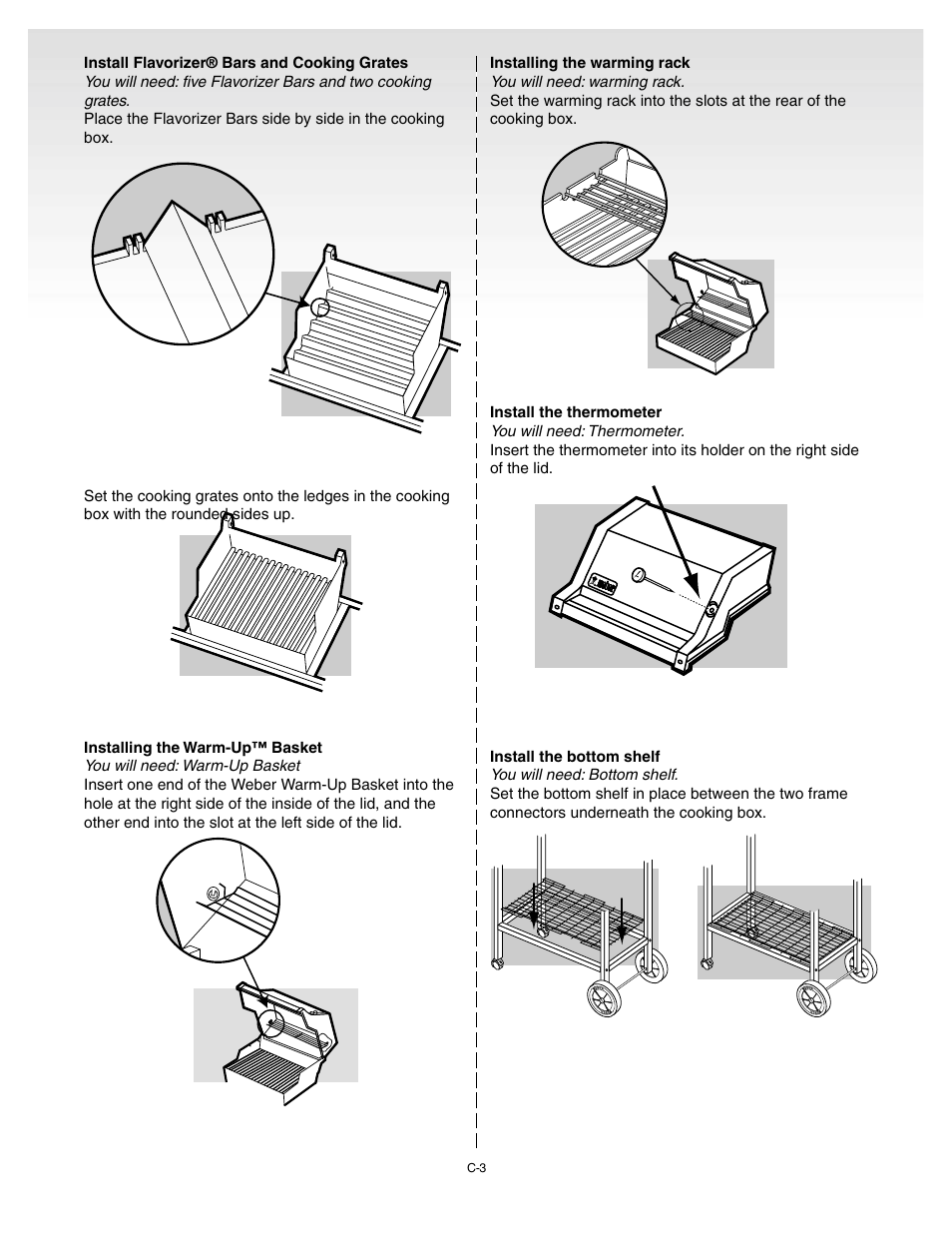 Install flavorizer® bars and cooking grates, Installing the warm-up™ basket, Installing the warming rack | Install the thermometer, Install the bottom shelf | weber 55008 User Manual | Page 25 / 40
