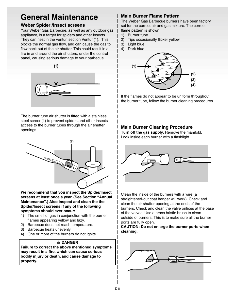 General maintenance, Weber spider /insect screens, Main burner flame pattern | Main burner cleaning procedure | weber 55008 User Manual | Page 33 / 40