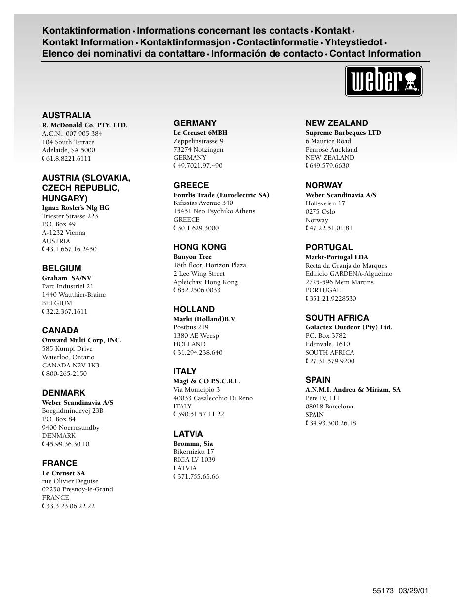 Representative sheet, Kontaktinformation, Informations concernant les contacts | Kontakt, Kontakt information, Kontaktinformasjon, Contactinformatie, Yhteystiedot, Elenco dei nominativi da contattare, Información de contacto | weber 55008 User Manual | Page 37 / 40