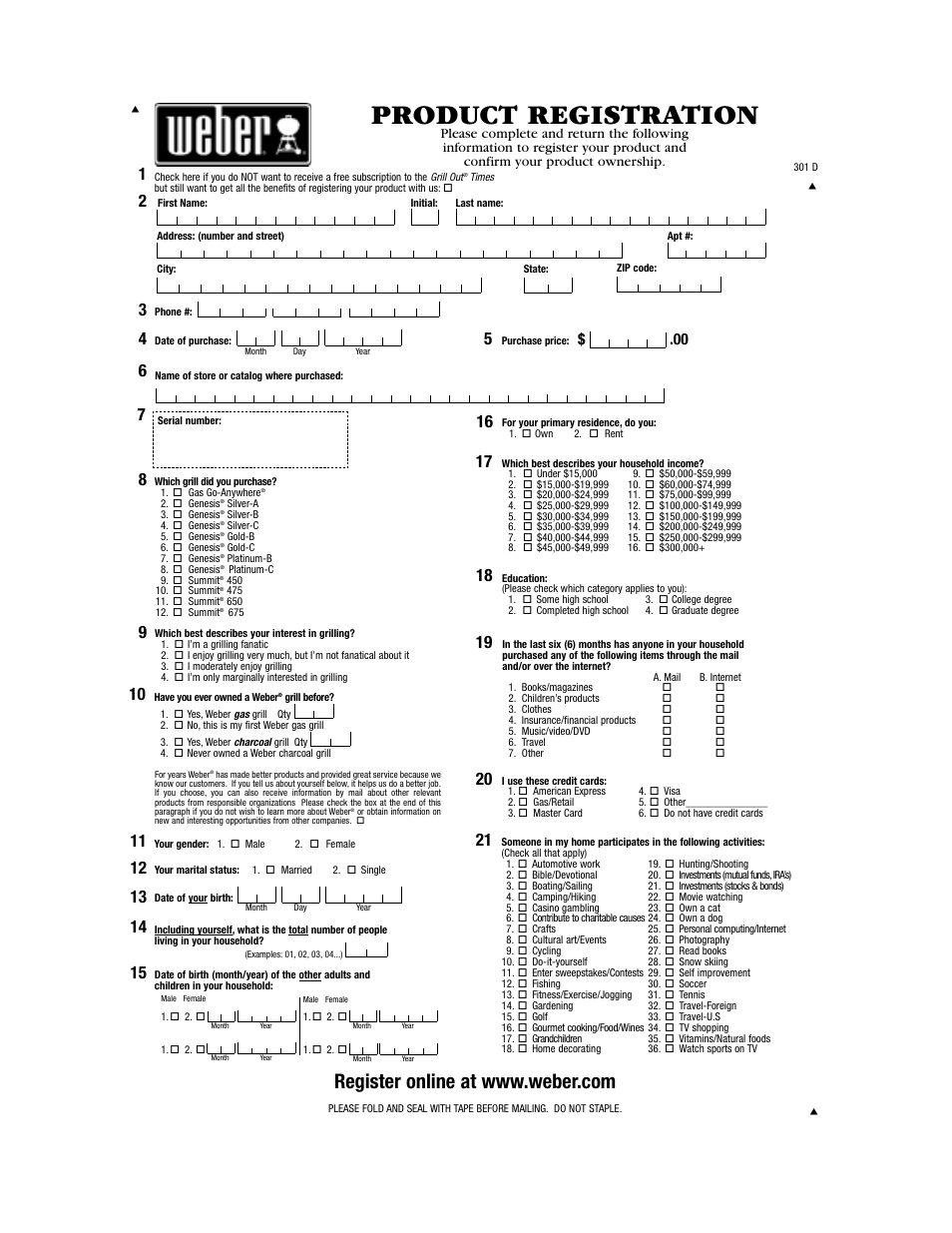 Registration card, Product registration | weber 55008 User Manual | Page 39 / 40