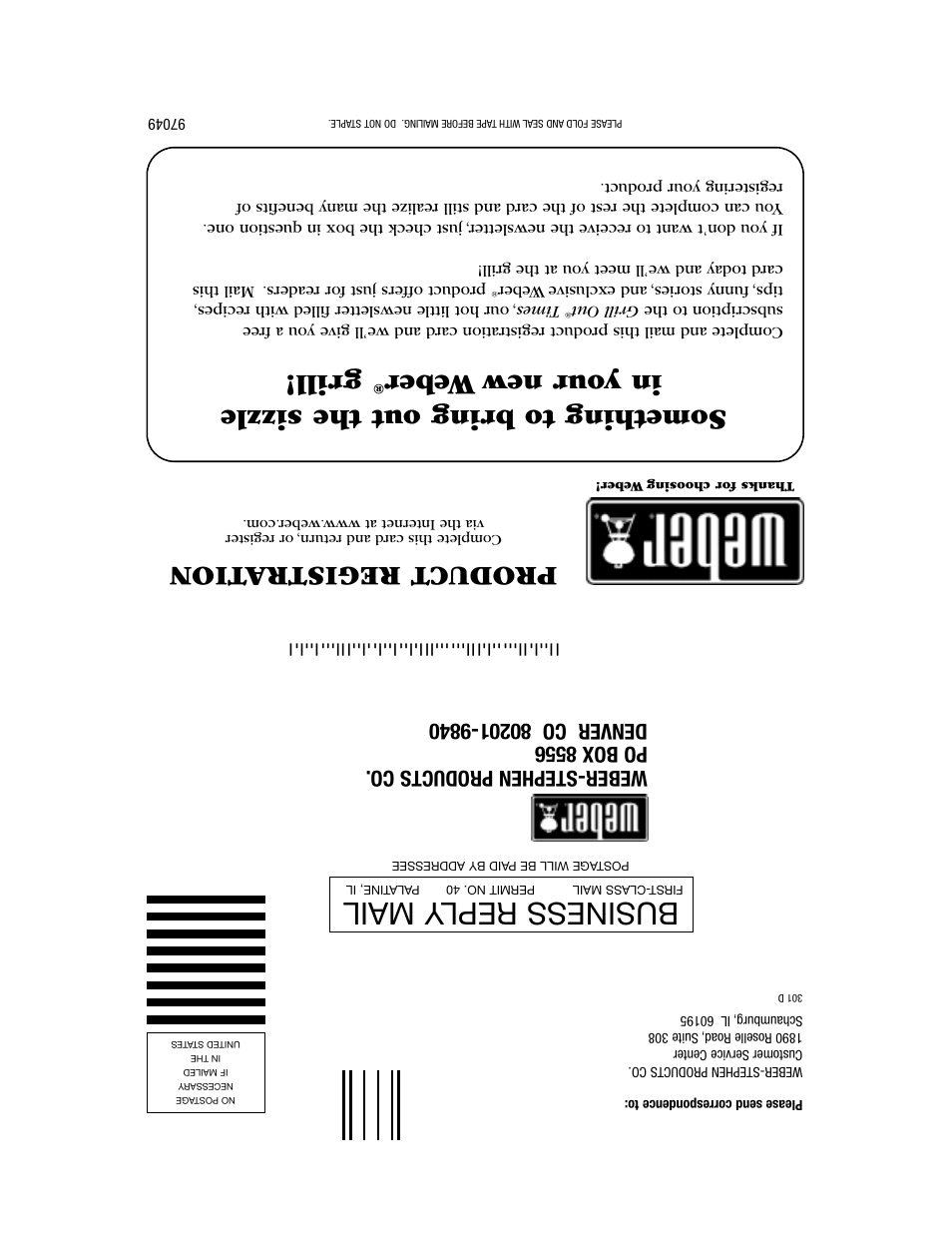 Business repl y mail, Gr ill, Product registra tion | weber 55008 User Manual | Page 40 / 40