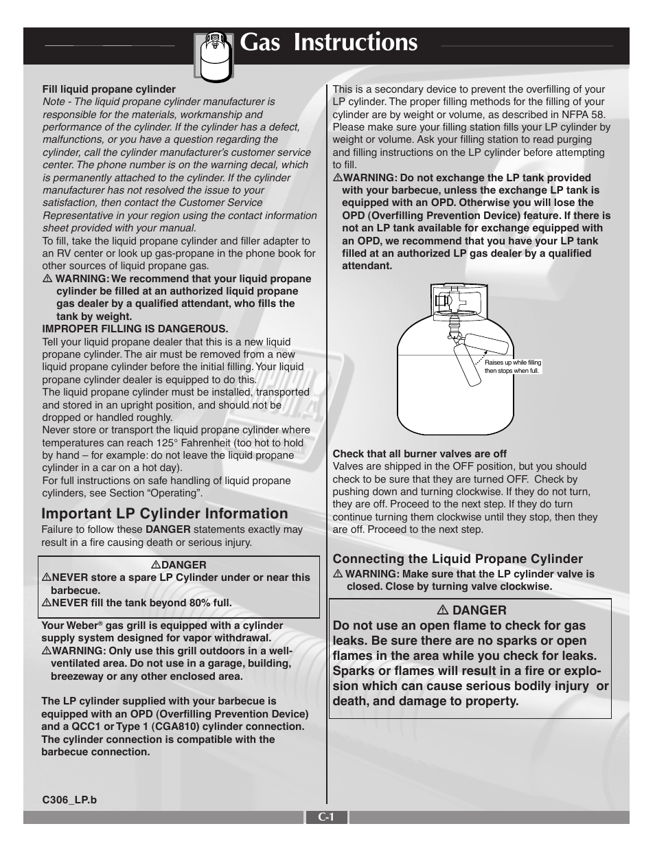 Gas instructions, Important lp cylinder information | weber 55568 User Manual | Page 19 / 28