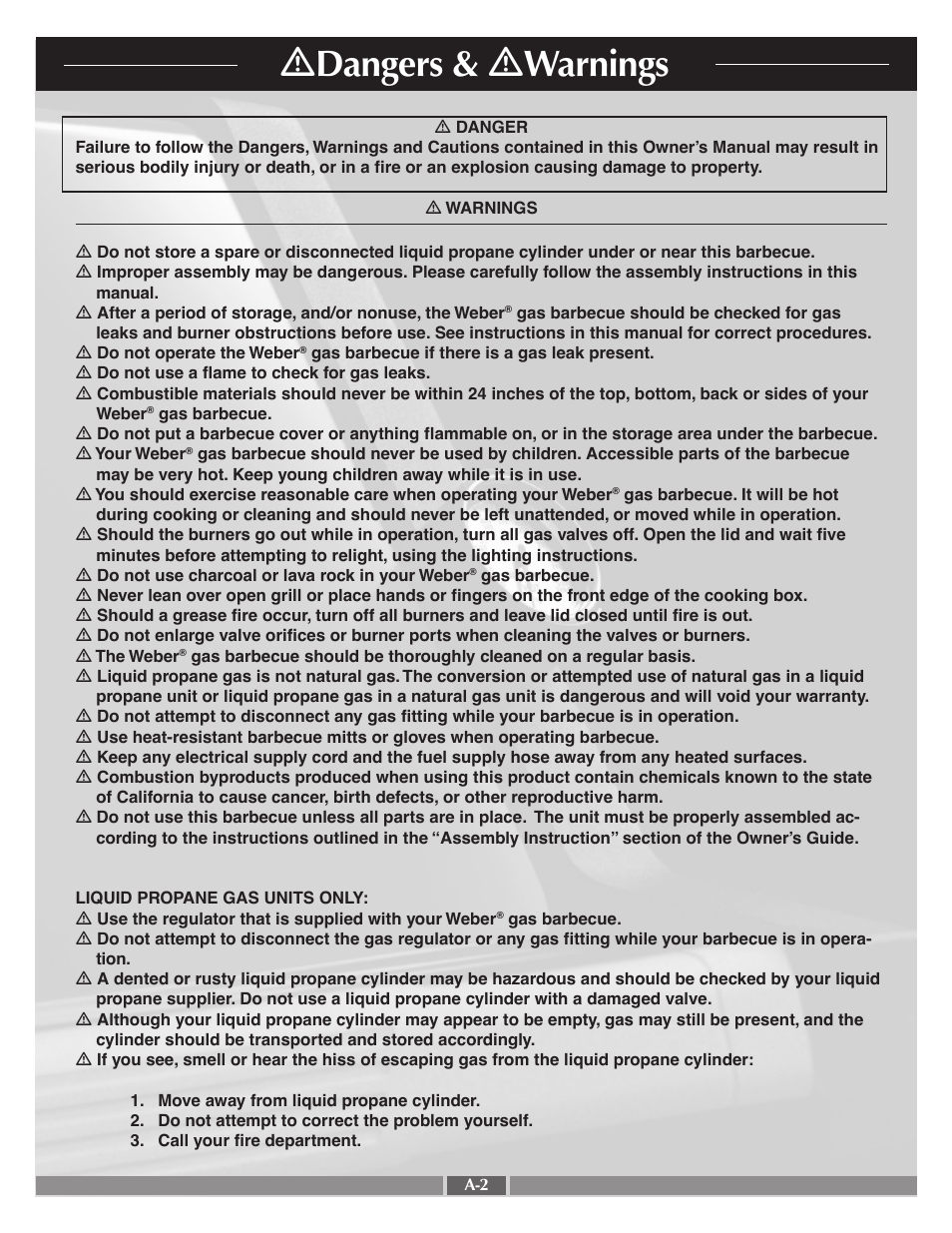 Ƽ dangers & ƽ warnings | weber 55568 User Manual | Page 2 / 28
