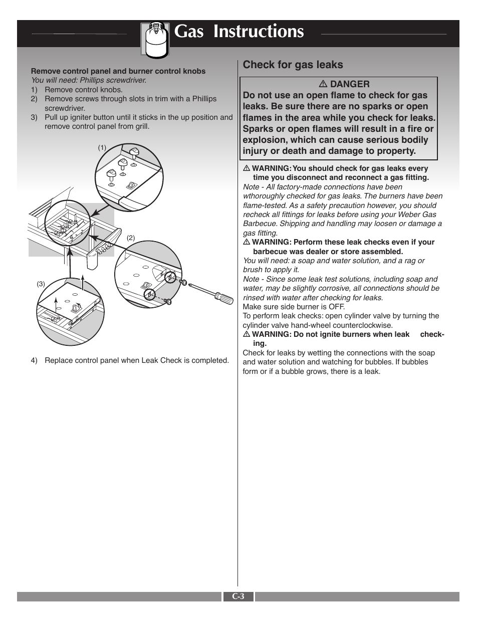 Gas instructions, Check for gas leaks | weber 55568 User Manual | Page 21 / 28