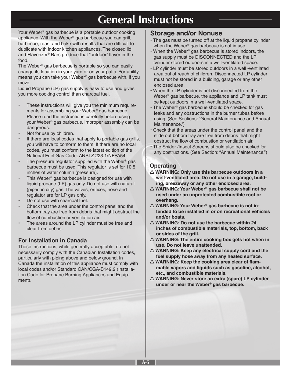 General instructions, Storage and/or nonuse, For installation in canada | Operating | weber 55568 User Manual | Page 5 / 28