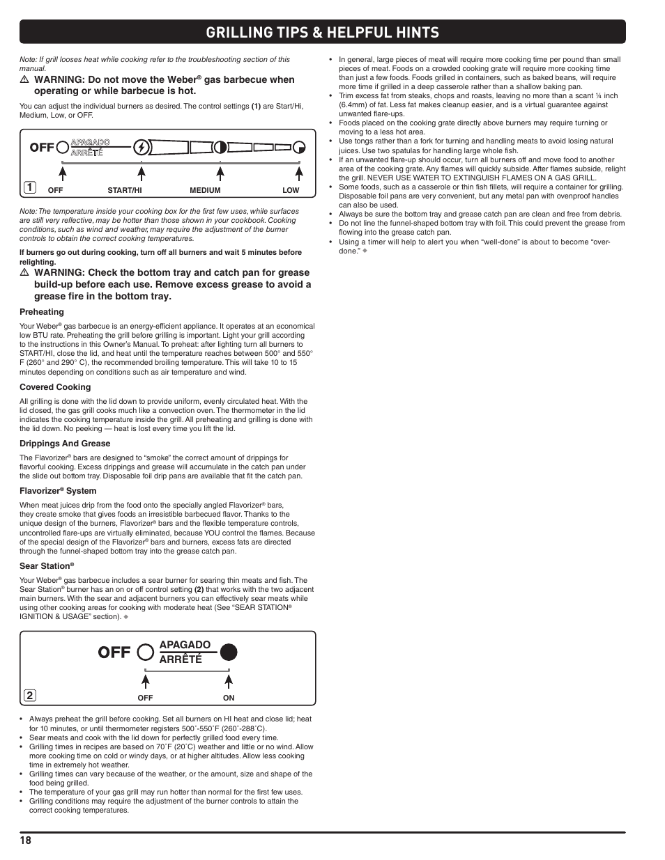 Grilling tips & helpful hints, M warning: do not move the weber, Arrêté apagado | weber Summit 56204 User Manual | Page 18 / 110