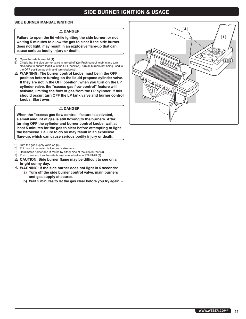 Side burner ignition & usage | weber Summit 56204 User Manual | Page 21 / 110