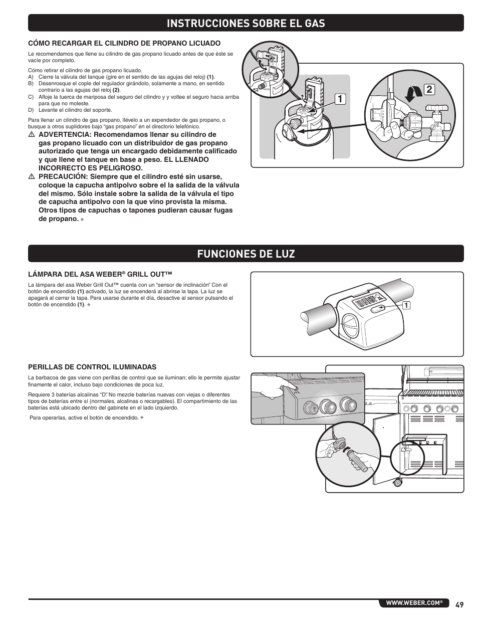 Instrucciones sobre el gas, Funciones de luz | weber Summit 56204 User Manual | Page 49 / 110