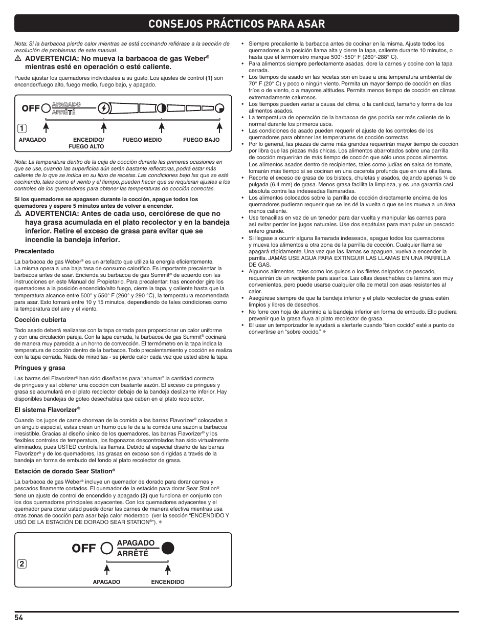 Consejos prácticos para asar, M advertencia: no mueva la barbacoa de gas weber, Mientras esté en operación o esté caliente | Arrêté apagado | weber Summit 56204 User Manual | Page 54 / 110