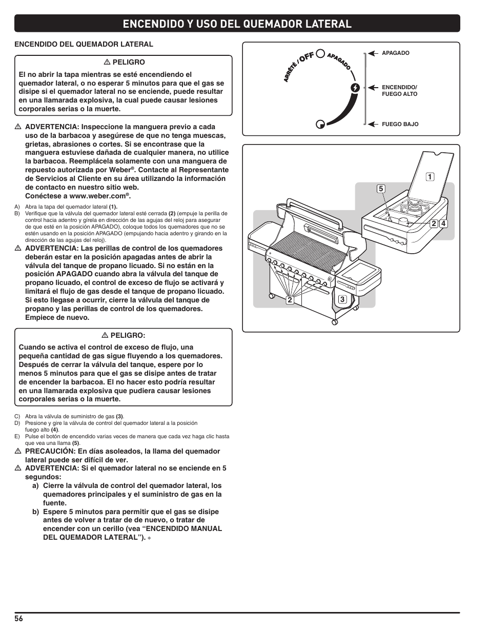 Encendido y uso del quemador lateral | weber Summit 56204 User Manual | Page 56 / 110