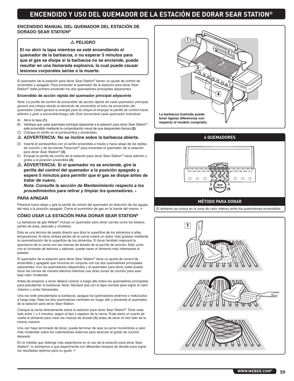 6 quemadores método para dorar, Para apagar, Cómo usar la estación para dorar sear station | weber Summit 56204 User Manual | Page 59 / 110