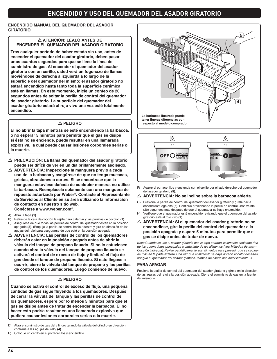 Encendido y uso del quemador del asador giratorio | weber Summit 56204 User Manual | Page 64 / 110