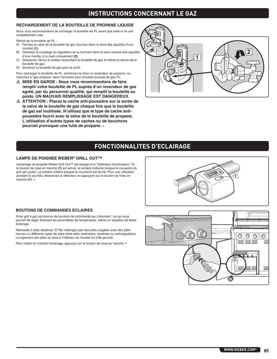 Instructions concernant le gaz, Fonctionnalites d’eclairage | weber Summit 56204 User Manual | Page 85 / 110