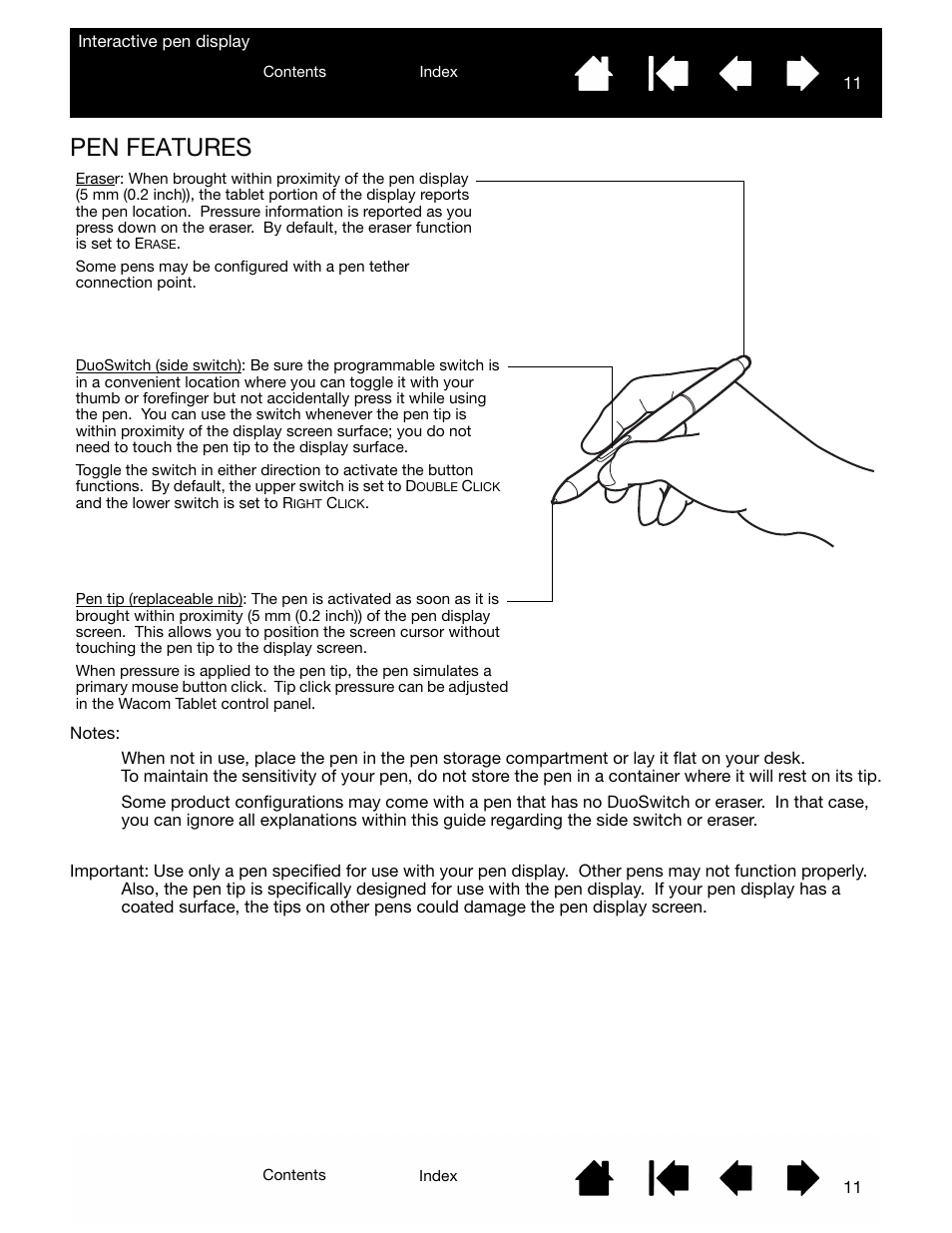 Pen features | Wacom DTU-2231 User Manual | Page 11 / 88