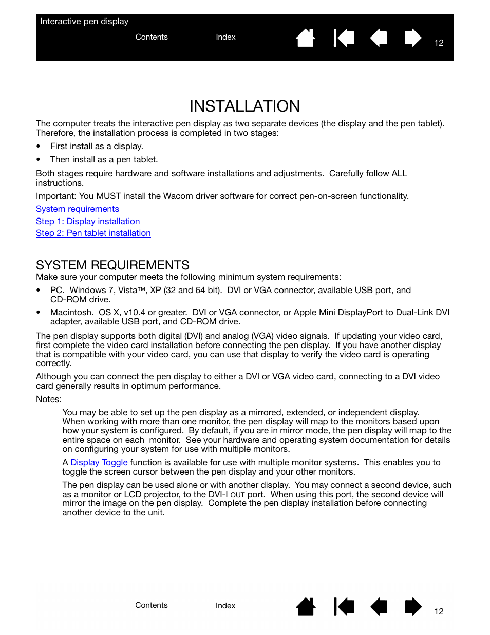 Installation, System requirements, This manual describes the | Wacom DTU-2231 User Manual | Page 12 / 88