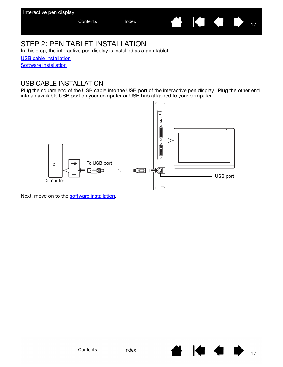 Step 2: pen tablet installation, Usb cable installation, Step 2: pen | Tablet installation | Wacom DTU-2231 User Manual | Page 17 / 88