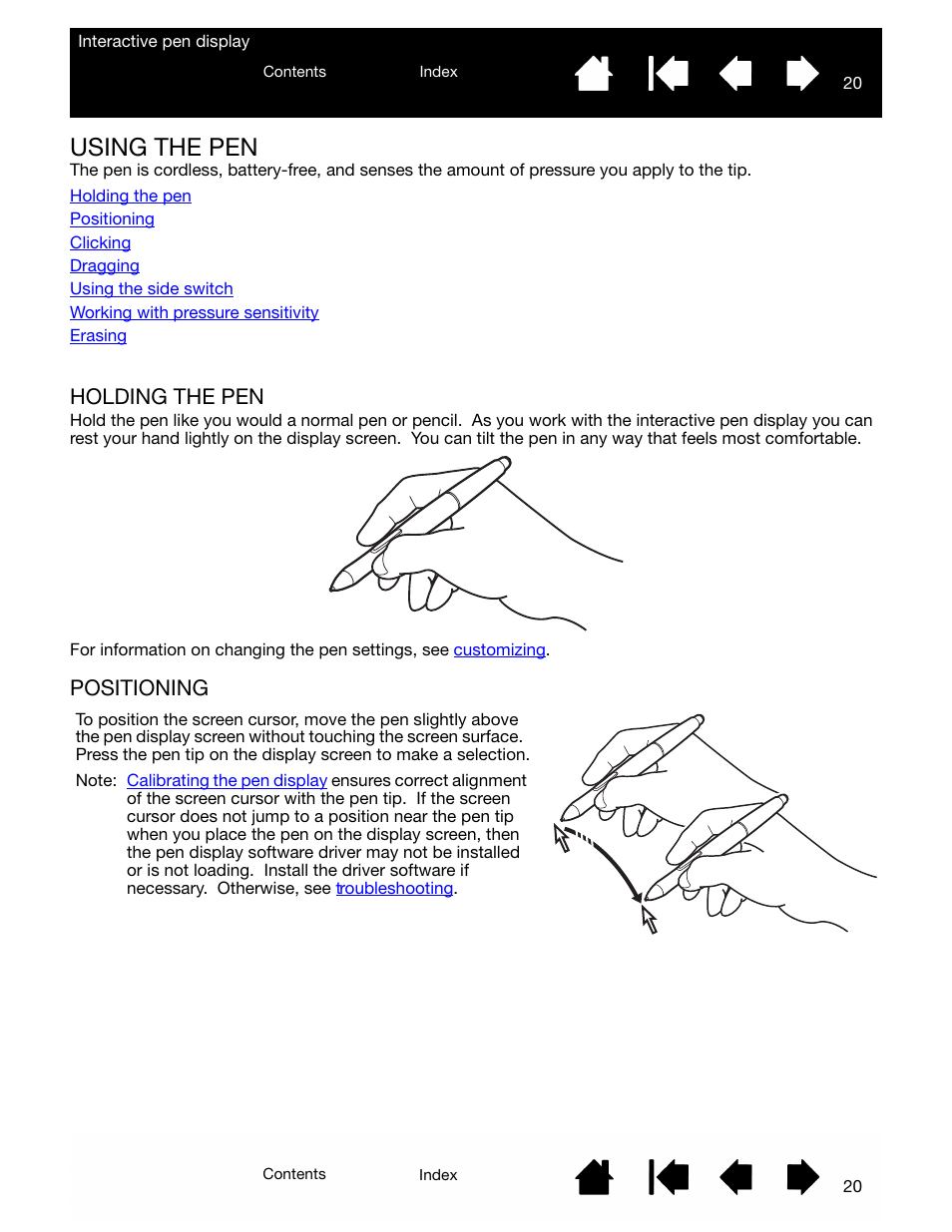 Using the pen, Holding the pen, Positioning | Wacom DTU-2231 User Manual | Page 20 / 88