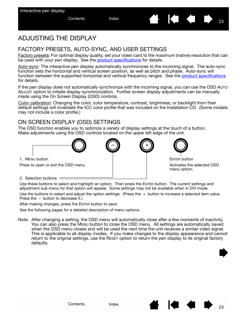 Adjusting the display, Factory presets, auto-sync, and user settings, On screen display (osd) settings | Using the pen display | Wacom DTU-2231 User Manual | Page 23 / 88