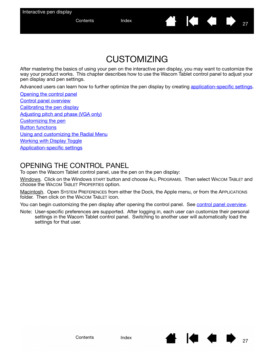 Customizing, Opening the control panel, Customizing the pen display | Wacom DTU-2231 User Manual | Page 27 / 88