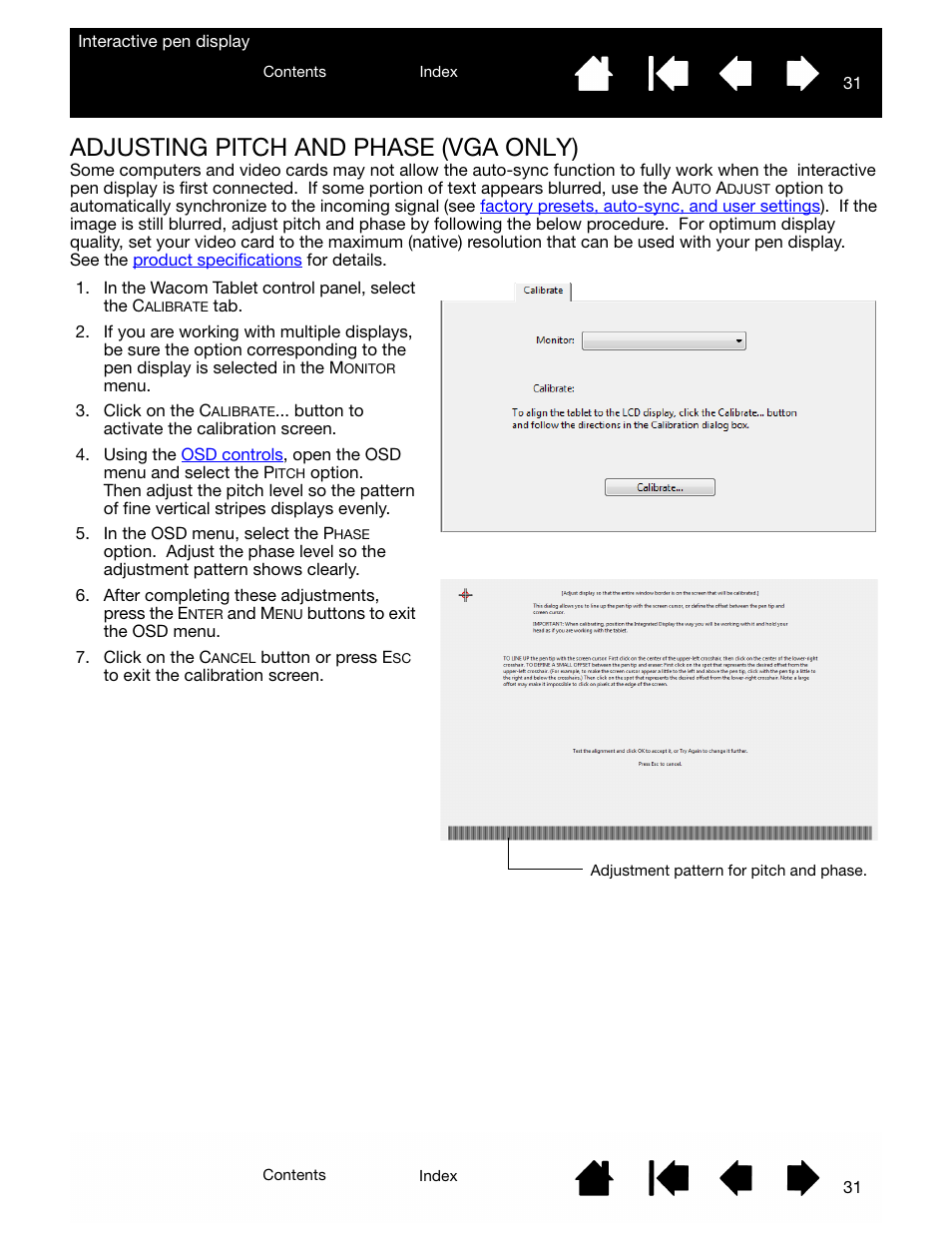 Adjusting pitch and phase (vga only), Adjusting pitch, And phase (vga only) | Pitch and phase (vga only) | Wacom DTU-2231 User Manual | Page 31 / 88