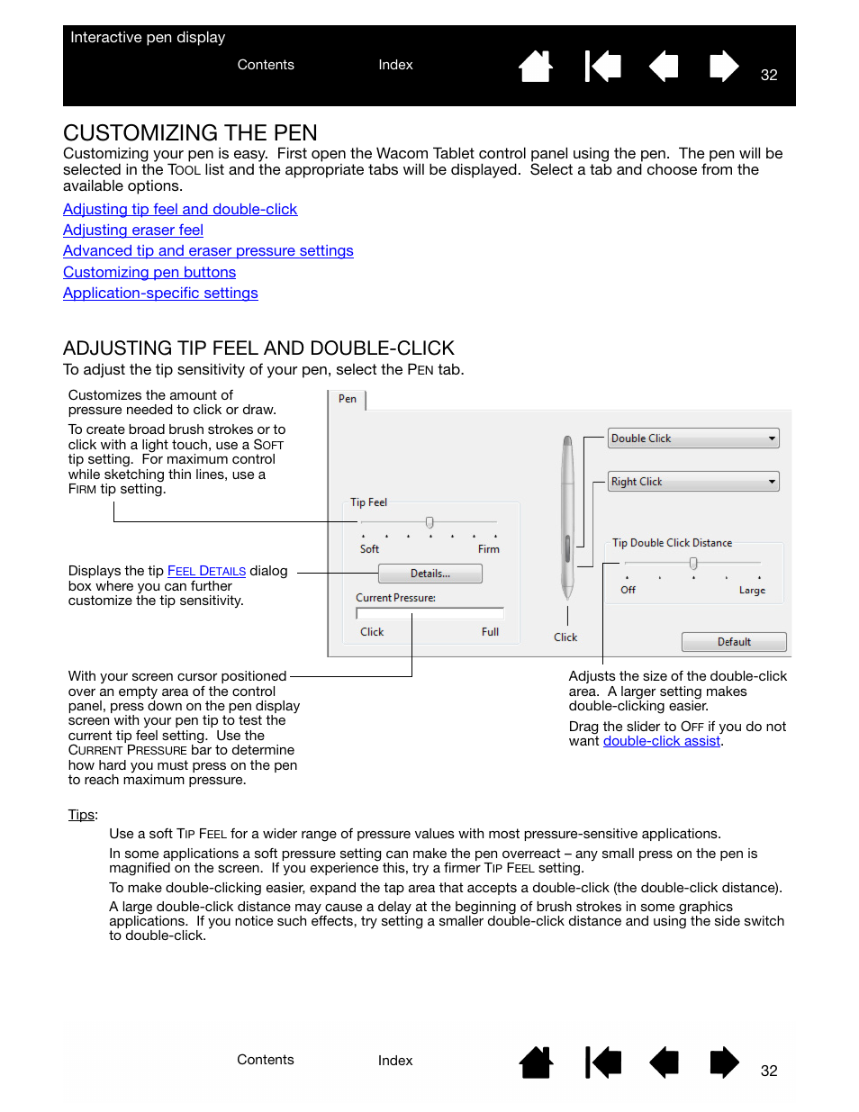 Customizing the pen, Adjusting tip feel and double-click | Wacom DTU-2231 User Manual | Page 32 / 88