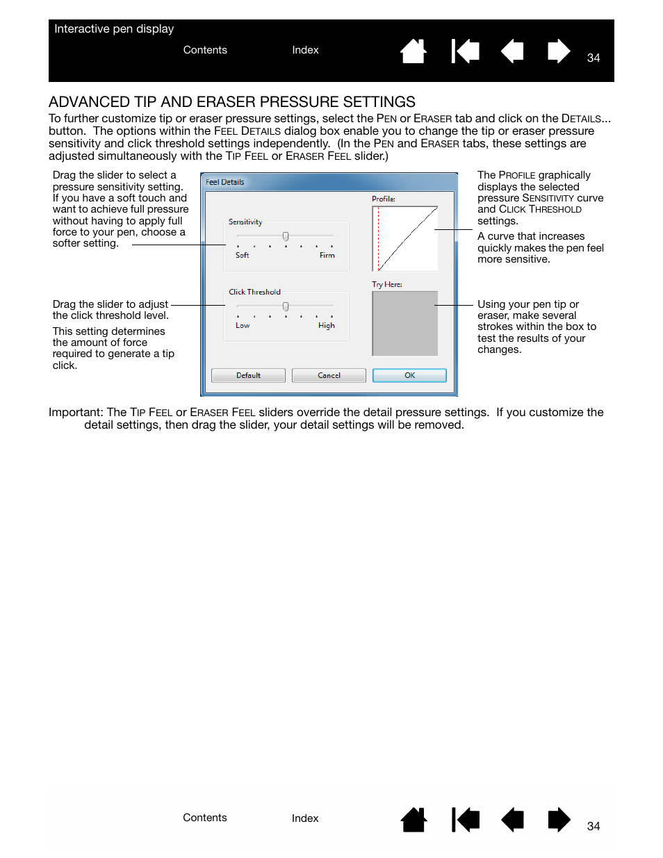 Advanced tip and eraser pressure settings, Ys the tip, Etails | Wacom DTU-2231 User Manual | Page 34 / 88
