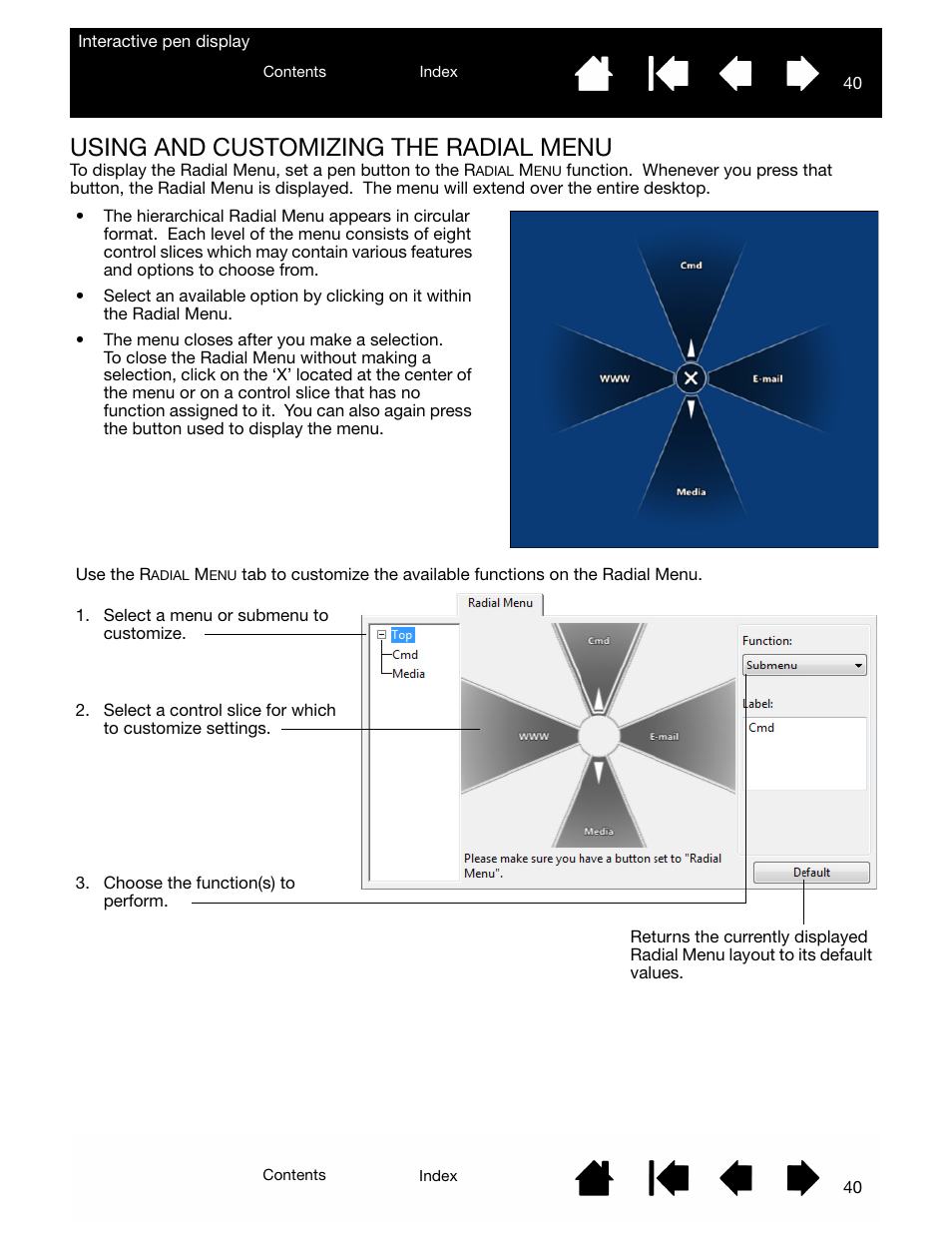 Using and customizing the radial menu, Using the radial menu, Radial | Menu, Radial menu | Wacom DTU-2231 User Manual | Page 40 / 88