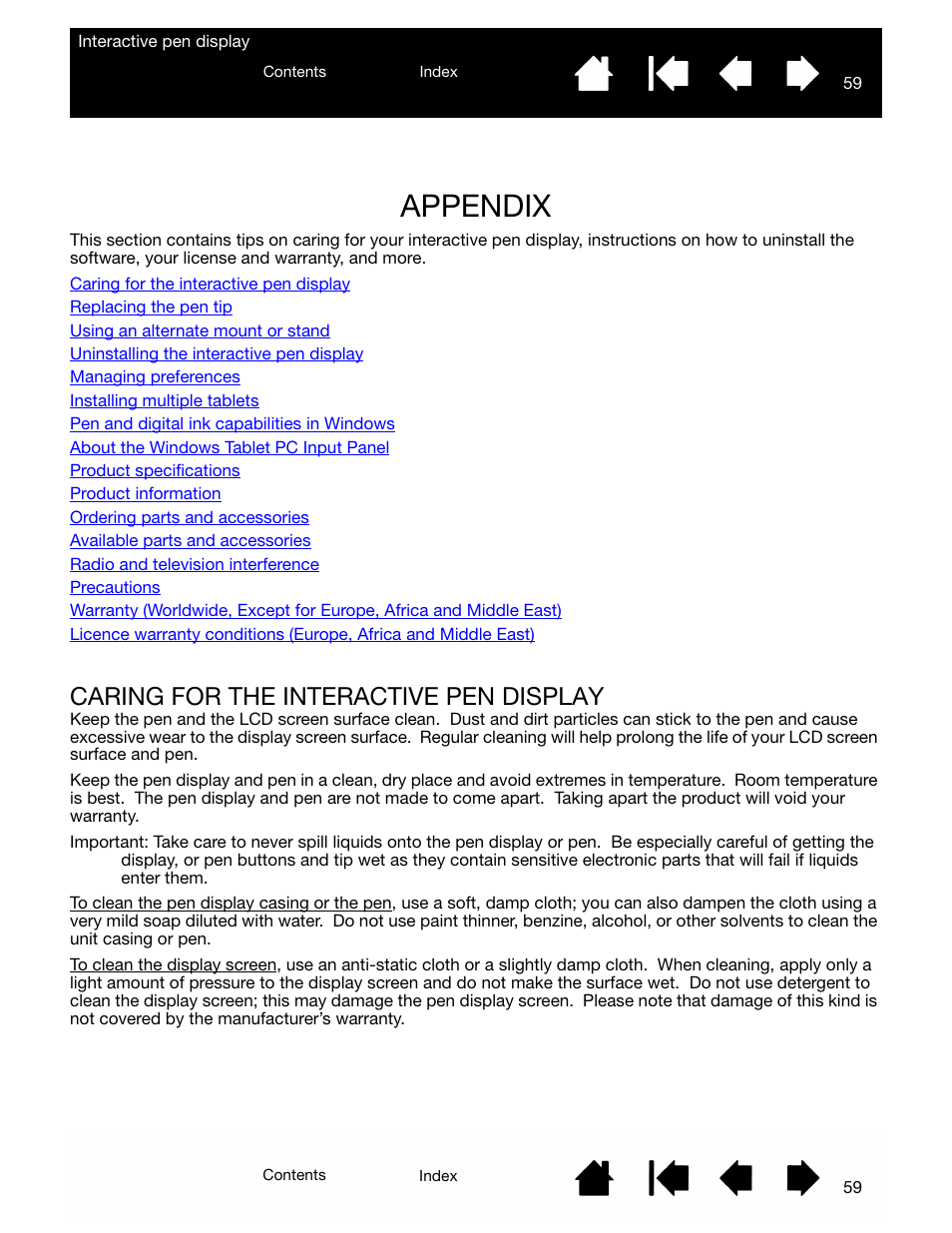 Appendix, Caring for the interactive pen display, Appendix 59 caring for the interactive pen display | Wacom DTU-2231 User Manual | Page 59 / 88