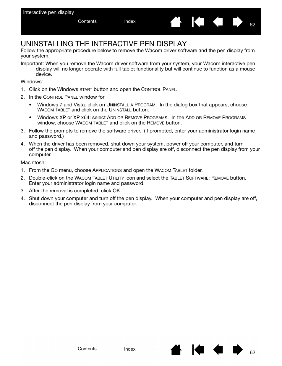 Uninstalling the interactive pen display | Wacom DTU-2231 User Manual | Page 62 / 88