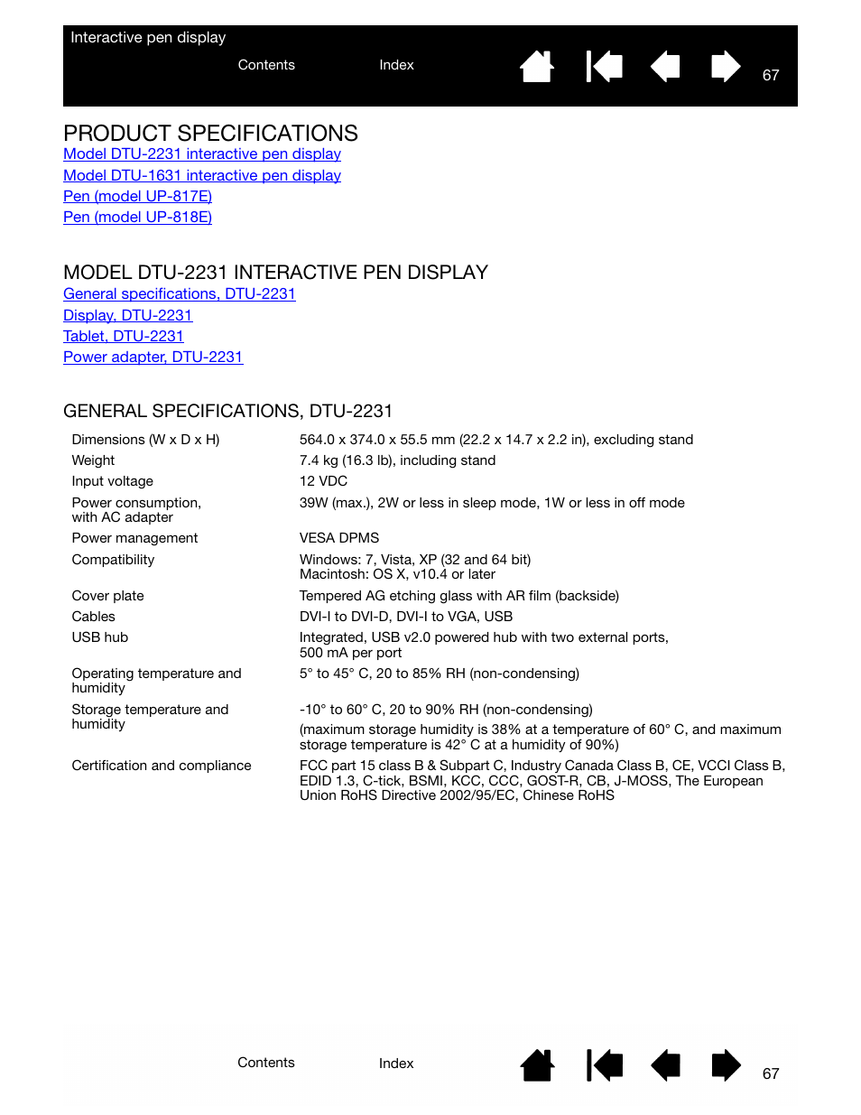 Product specifications, Model dtu-2231 interactive pen display, General specifications, dtu-2231 | E the, For details about, For mor, See the, For details, Product, Specifications | Wacom DTU-2231 User Manual | Page 67 / 88