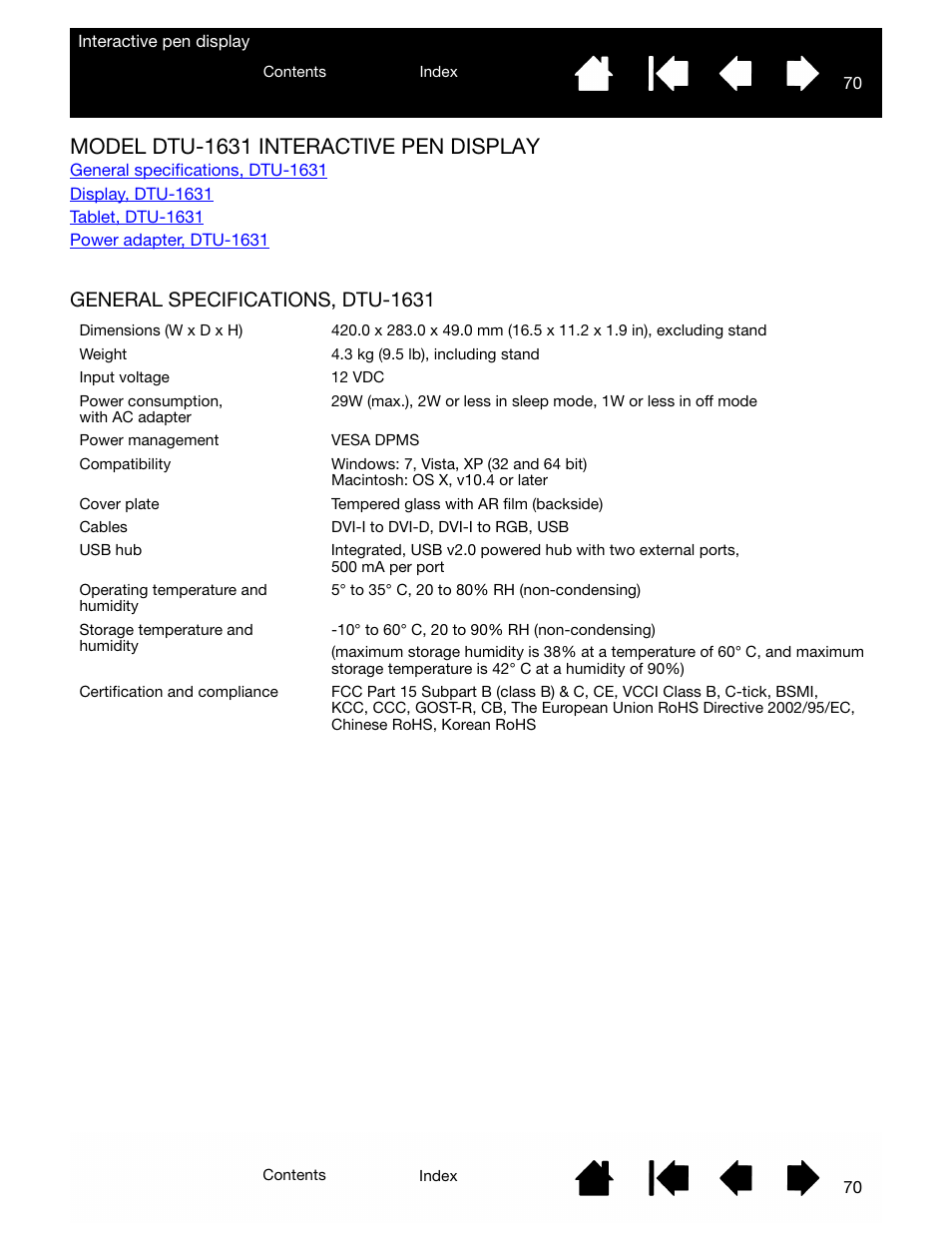 Model dtu-1631 interactive pen display, General specifications, dtu-1631 | Wacom DTU-2231 User Manual | Page 70 / 88