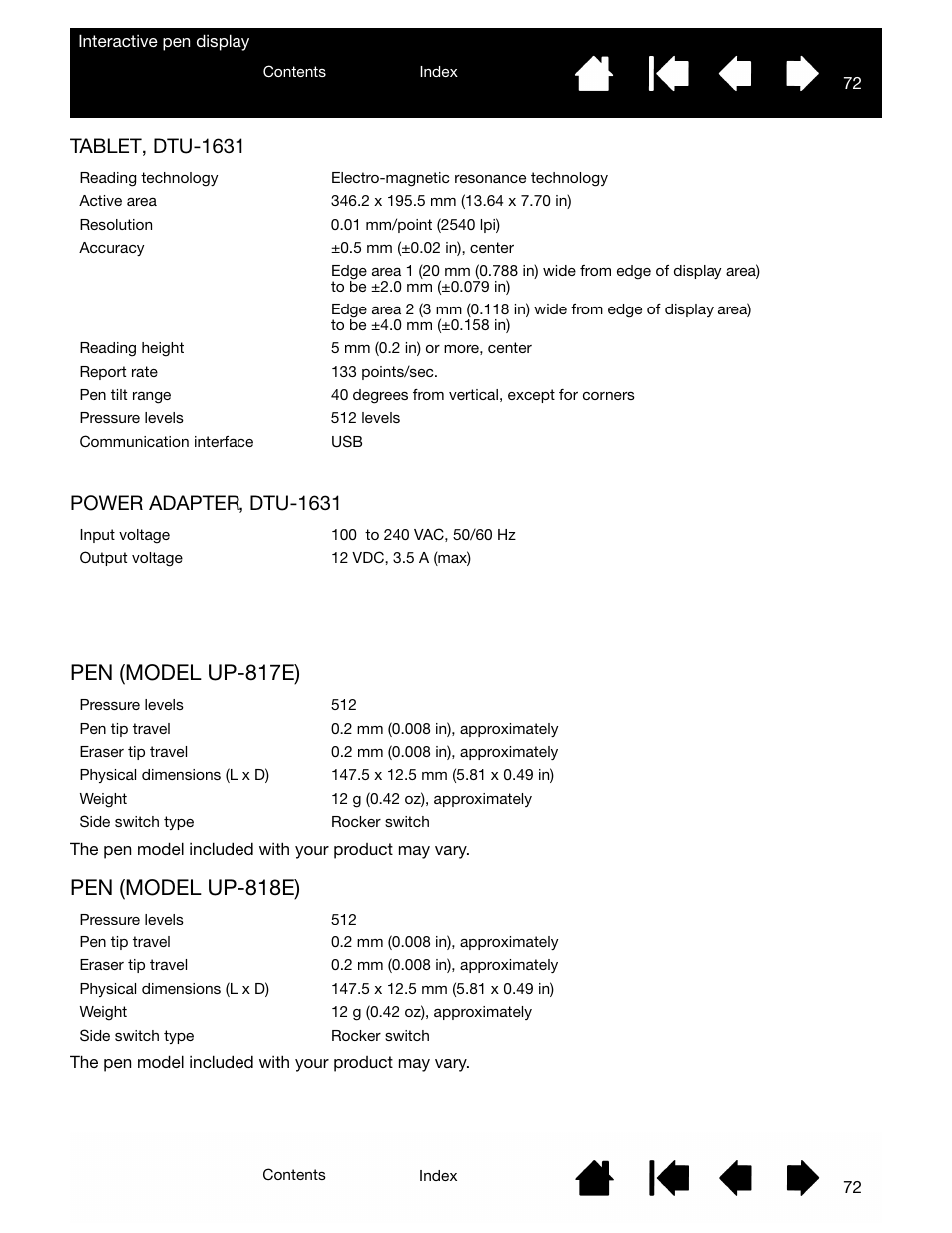 Tablet, dtu-1631, Power adapter, dtu-1631, Pen (model up-817e) | Pen (model up-818e), Tablet, dtu-1631 power adapter, dtu-1631 | Wacom DTU-2231 User Manual | Page 72 / 88