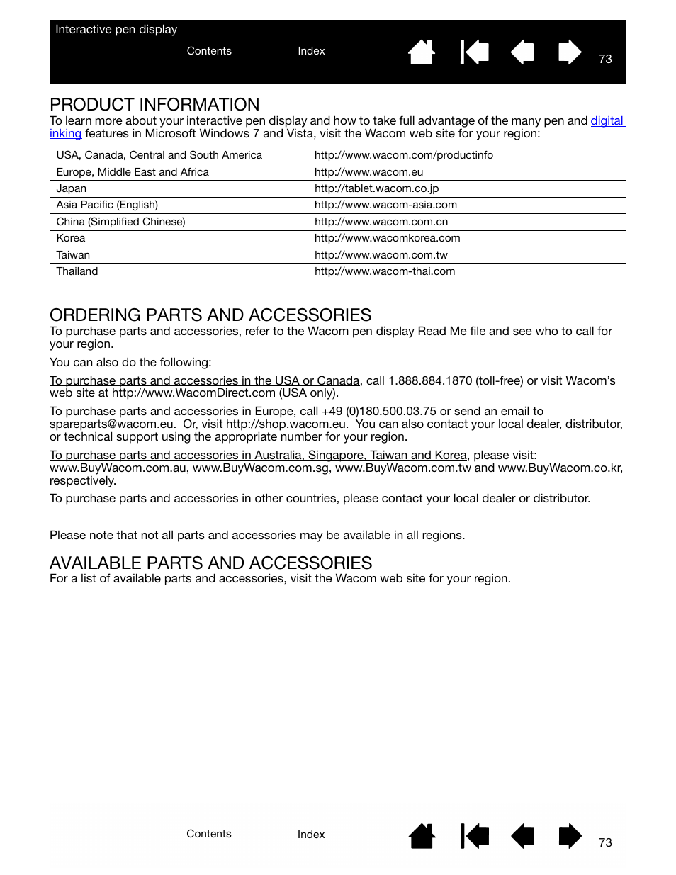 Product information, Ordering parts and accessories, Available parts and accessories | Es (see, Product, Information | Wacom DTU-2231 User Manual | Page 73 / 88
