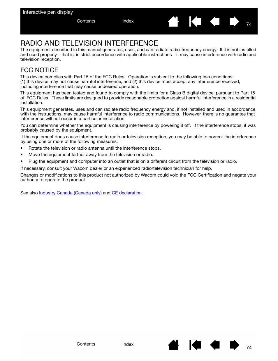 Radio and television interference, Fcc notice | Wacom DTU-2231 User Manual | Page 74 / 88