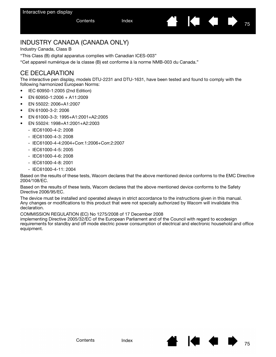 Industry canada (canada only), Ce declaration, See also | Wacom DTU-2231 User Manual | Page 75 / 88