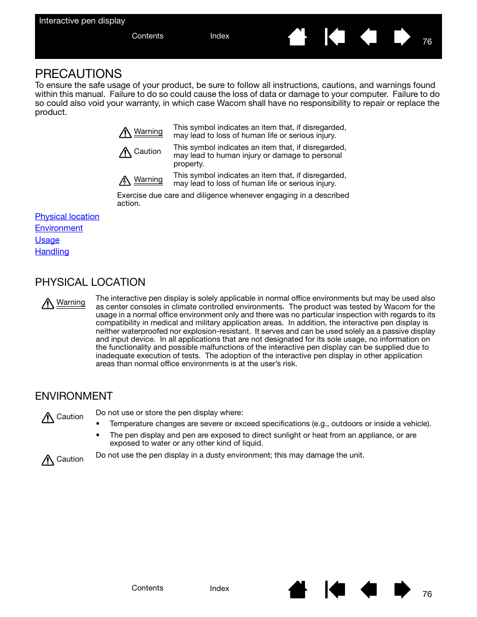 Precautions, Physical location, Environment | Precautions 76, Physical location environment | Wacom DTU-2231 User Manual | Page 76 / 88