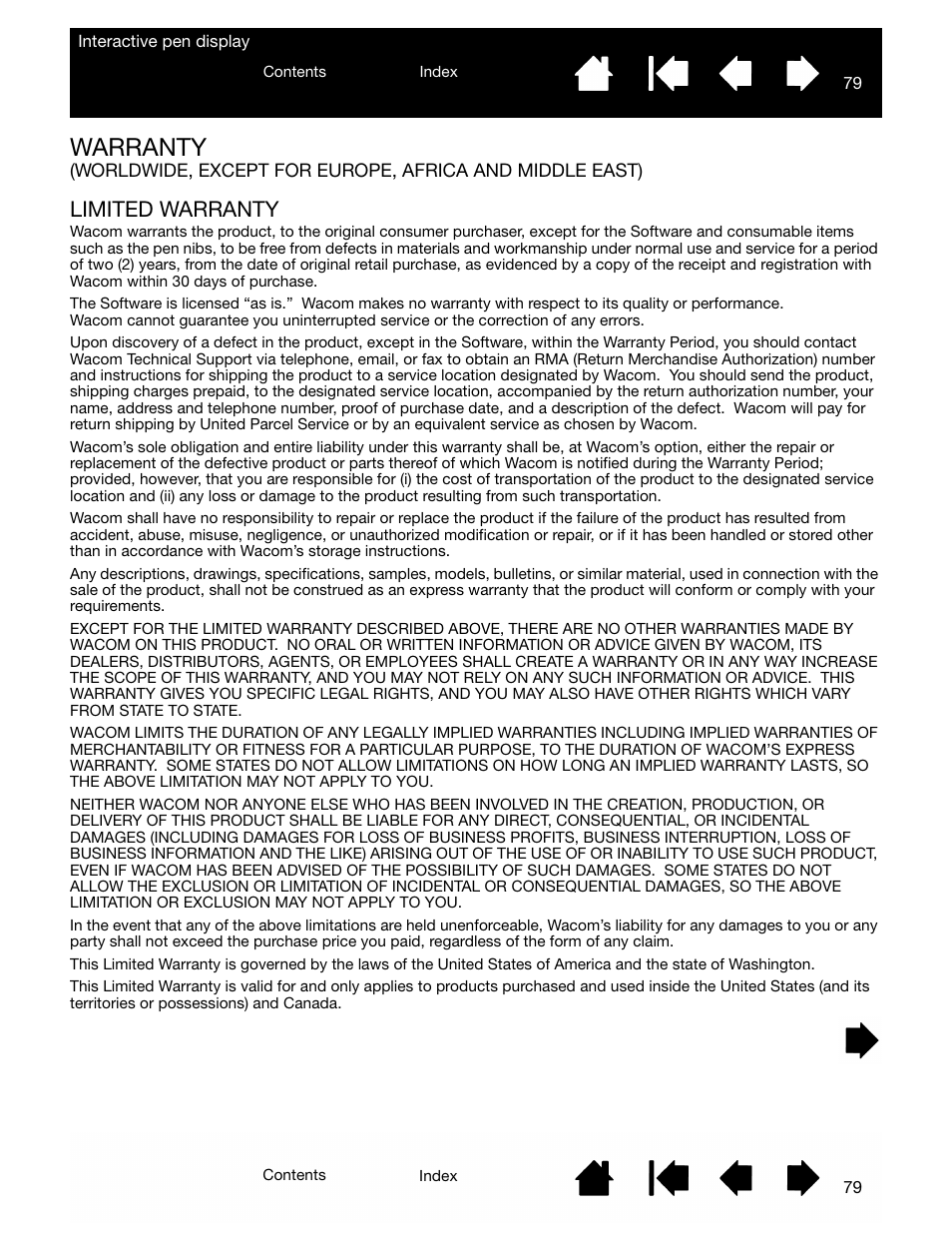 Limited warranty, Warranty | Wacom DTU-2231 User Manual | Page 79 / 88