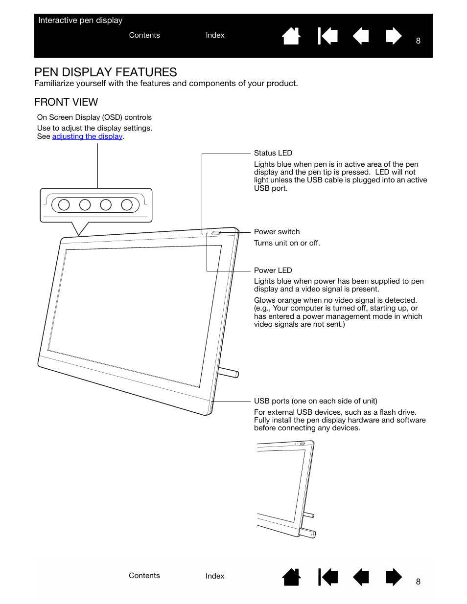 Pen display features, Front view | Wacom DTU-2231 User Manual | Page 8 / 88