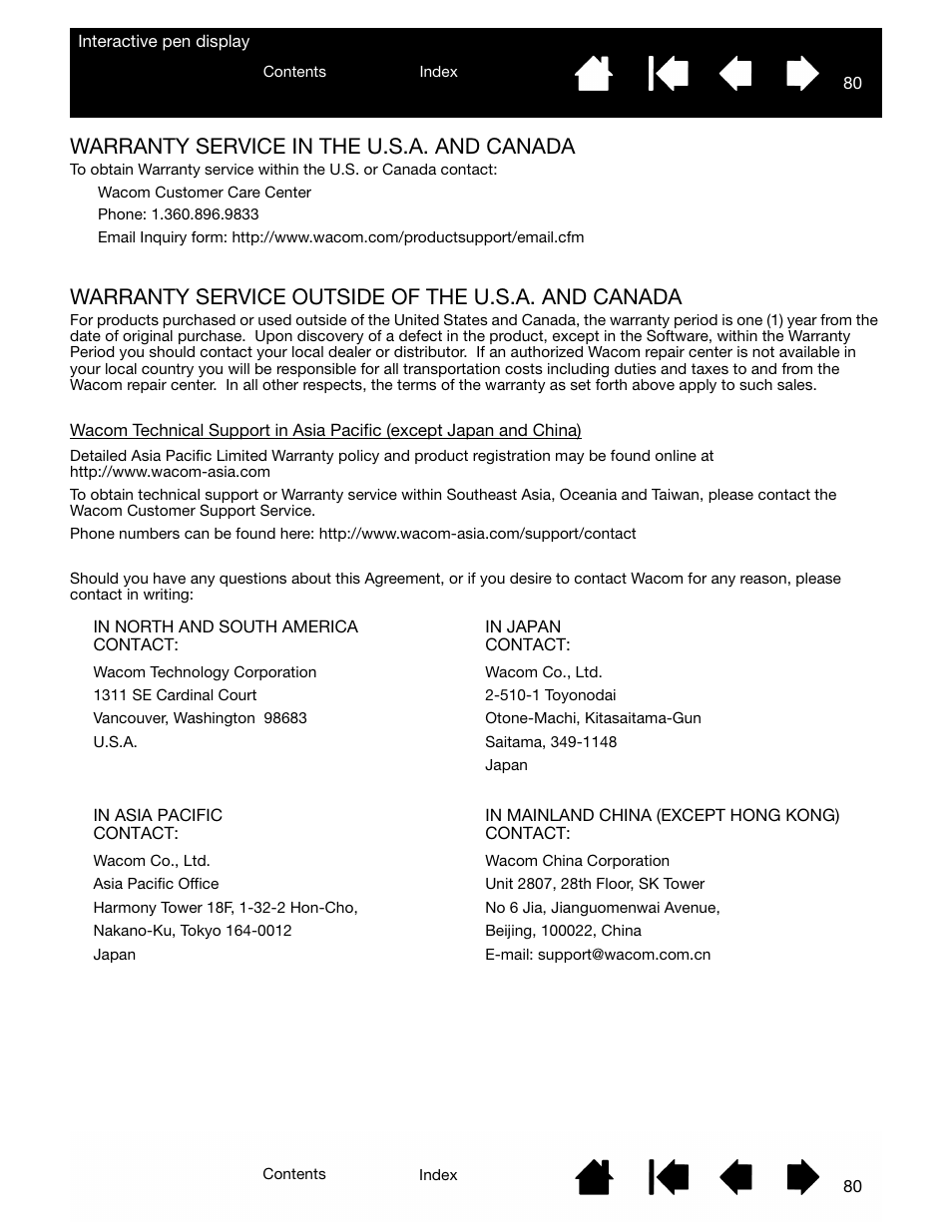 Warranty service in the u.s.a. and canada, Warranty service outside of the u.s.a. and canada | Wacom DTU-2231 User Manual | Page 80 / 88