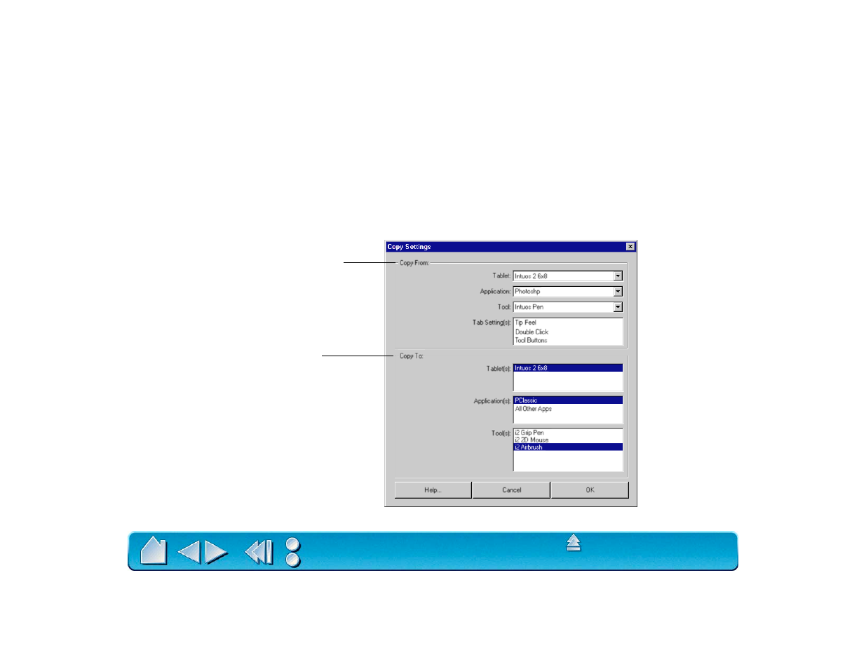 Copying settings, Y the, Copy | Settings, Copy settings to | Wacom Intuos2 XD-0608-R User Manual | Page 106 / 165