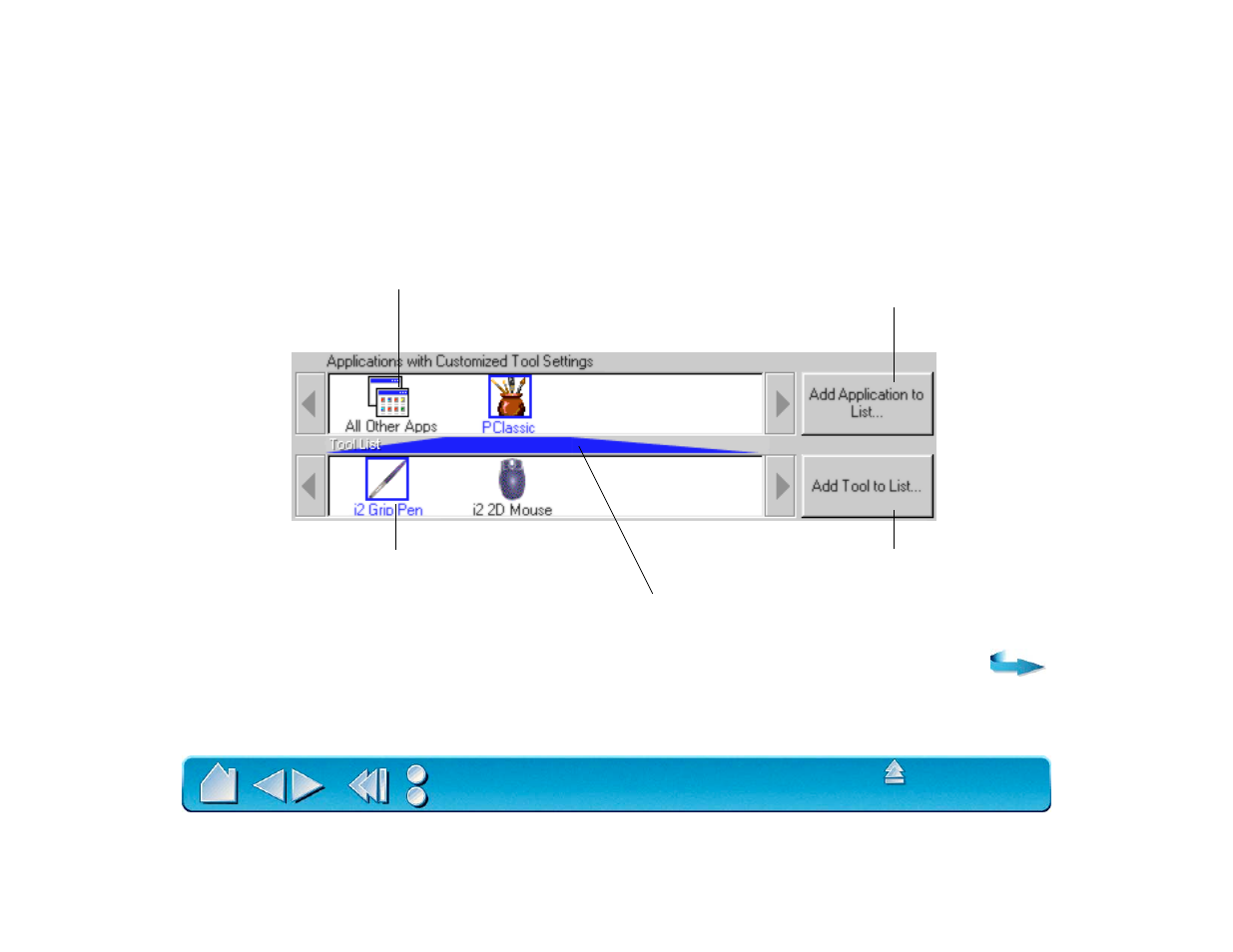 Control panel lists, Application list, Tool list | Wacom Intuos2 XD-0608-R User Manual | Page 50 / 165