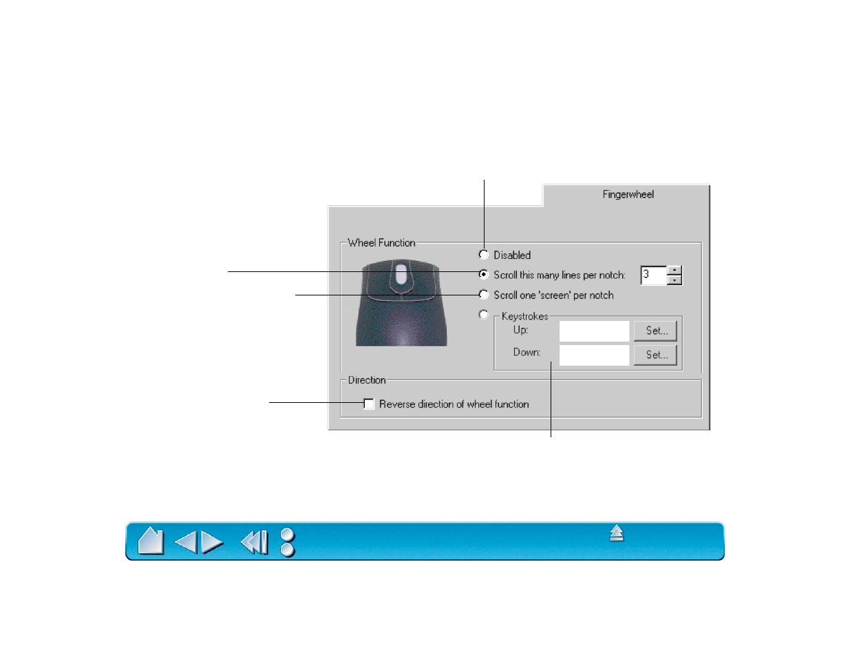 Customizing the 2dmouse fingerwheel, Customizing the 2d mouse fingerwheel, Fingerwheel | Customizing the 2d mouse | Wacom Intuos2 XD-0608-R User Manual | Page 68 / 165