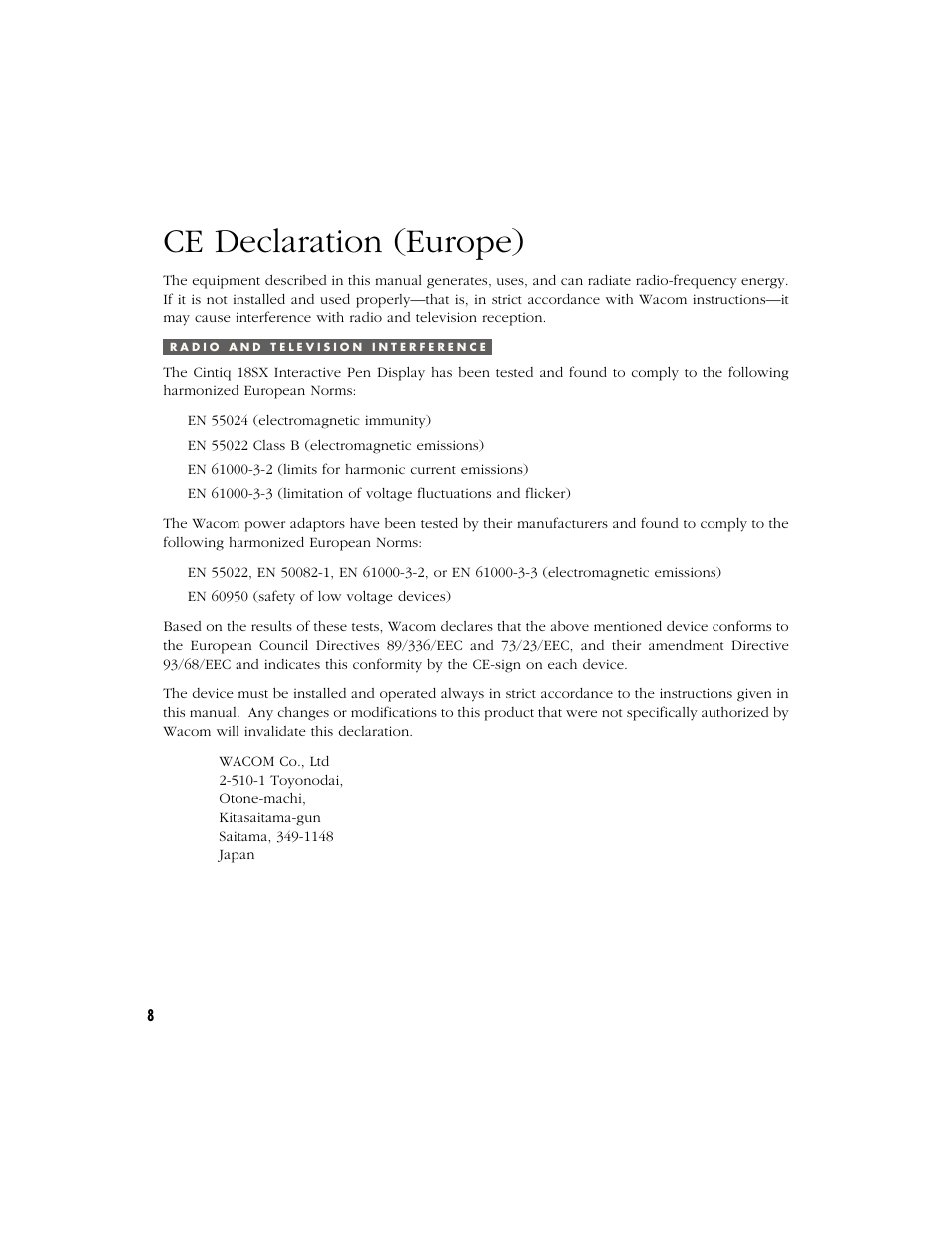 Ce declaration (europe) | Wacom Cintiq 18SX User Manual | Page 10 / 62