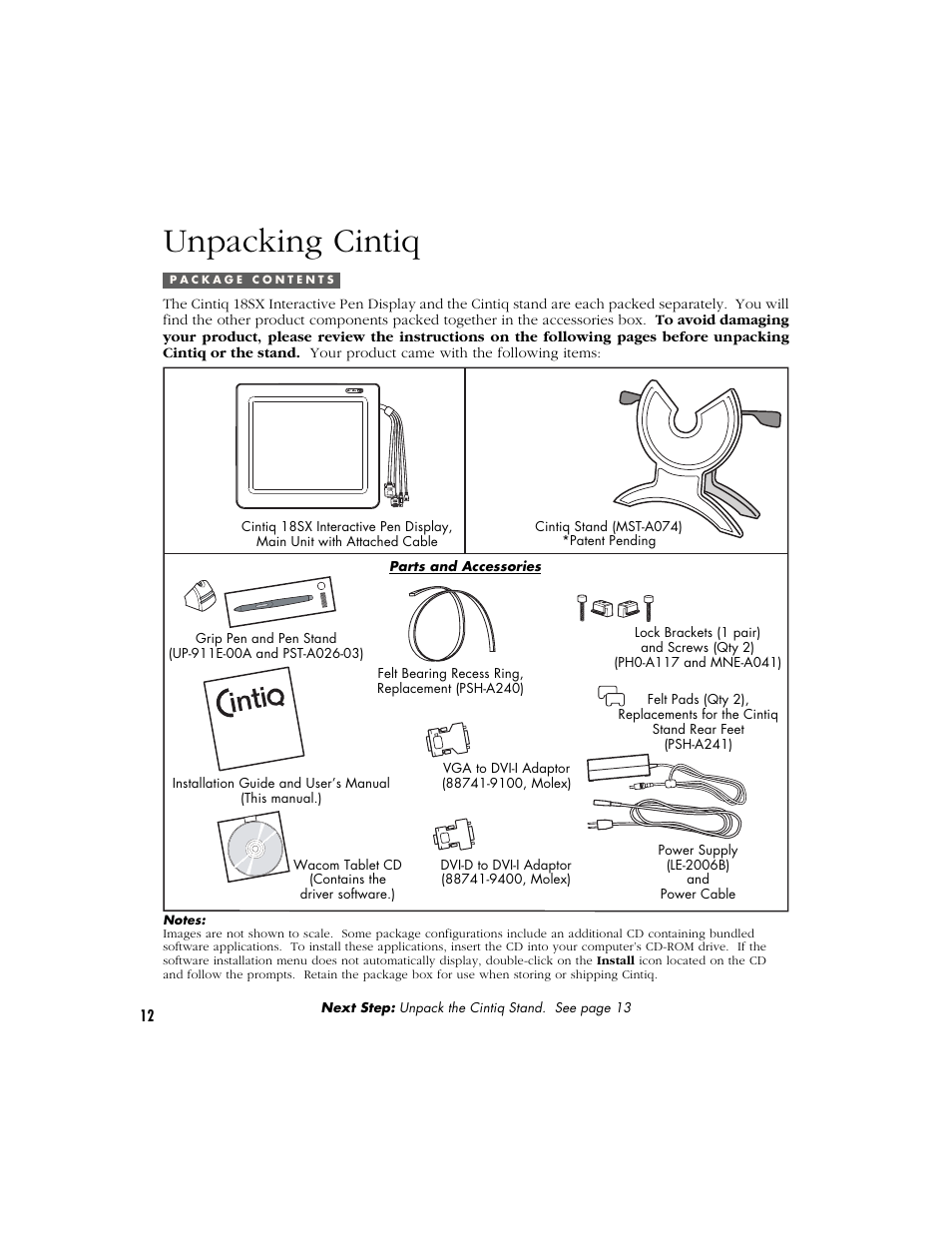 Unpacking cintiq, Package contents | Wacom Cintiq 18SX User Manual | Page 14 / 62