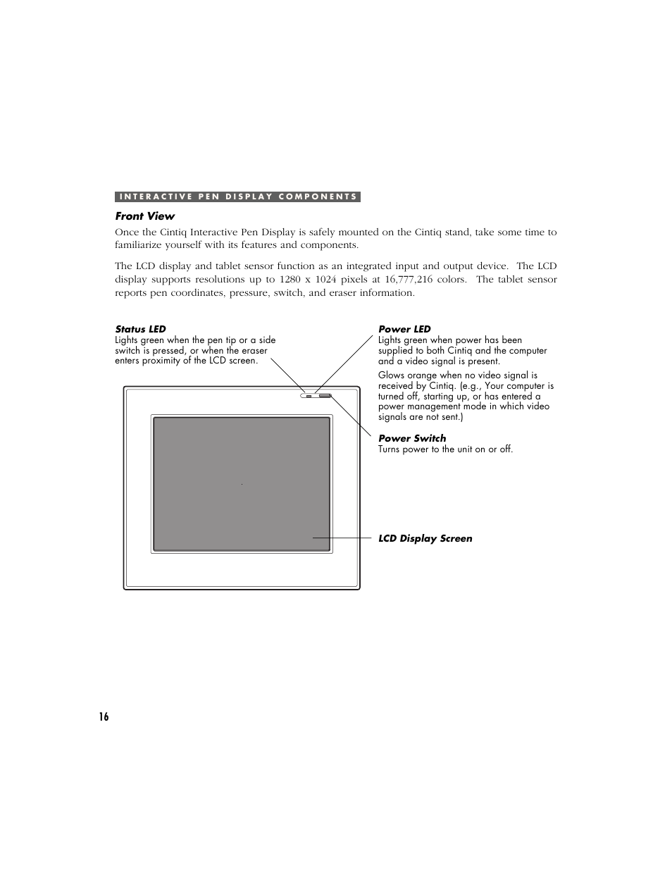 Interactive pen display components, Front view | Wacom Cintiq 18SX User Manual | Page 18 / 62