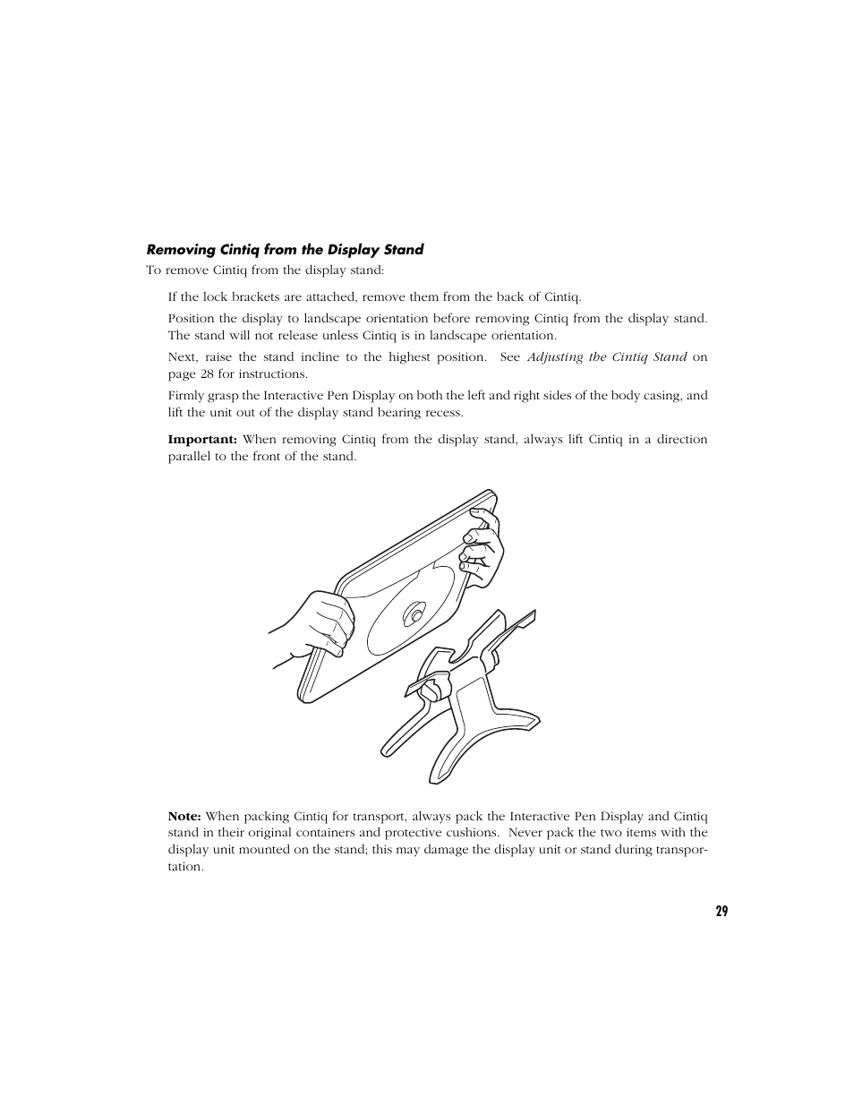 Removing cintiq from the display stand | Wacom Cintiq 18SX User Manual | Page 31 / 62