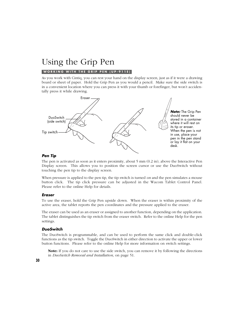 Using the grip pen, Working with the grip pen (up-911e), Pen tip | Eraser, Duoswitch | Wacom Cintiq 18SX User Manual | Page 32 / 62