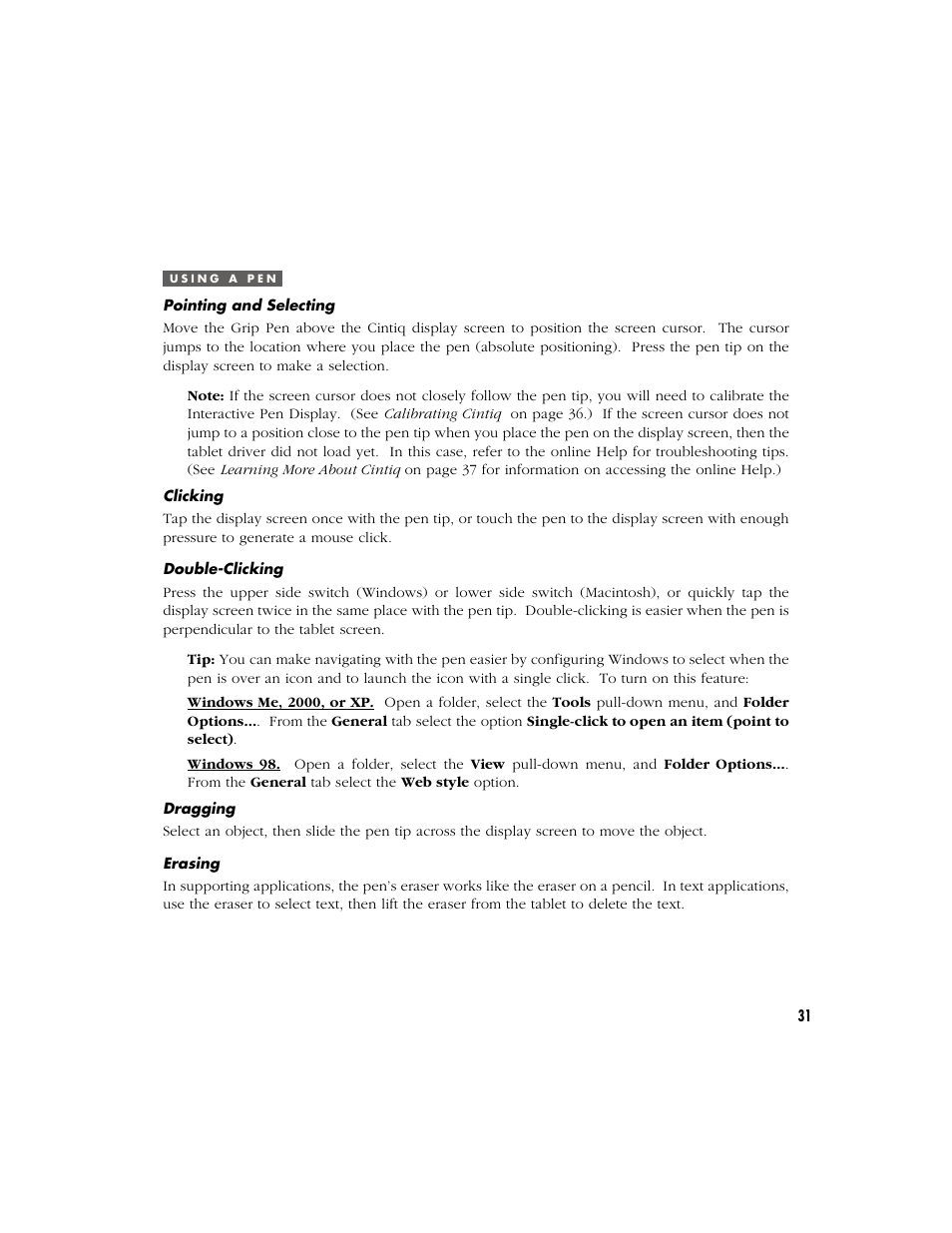 Using a pen, Pointing and selecting, Clicking | Double-clicking, Dragging, Erasing | Wacom Cintiq 18SX User Manual | Page 33 / 62