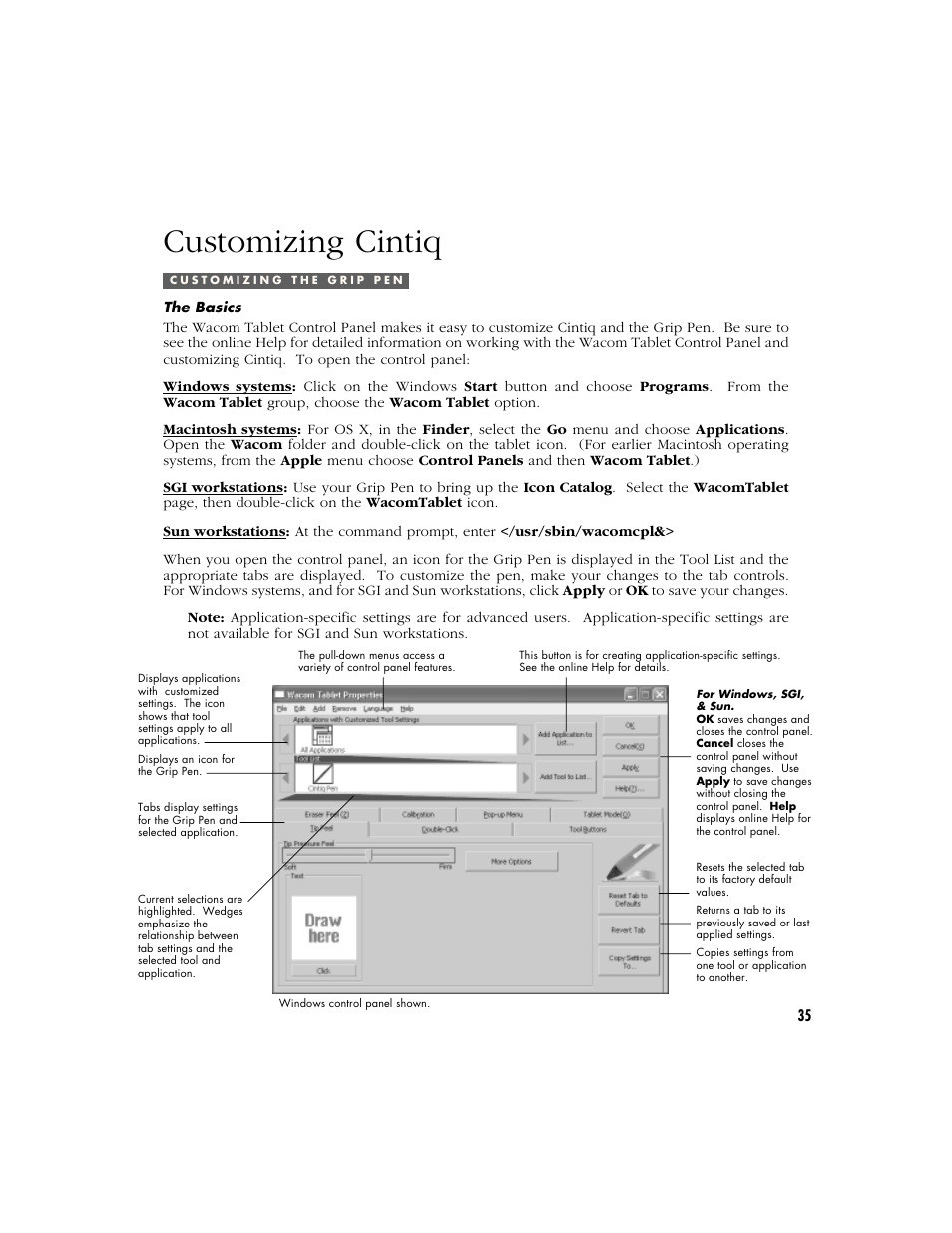 Customizing cintiq, Customizing the grip pen, The basics | Wacom Cintiq 18SX User Manual | Page 37 / 62