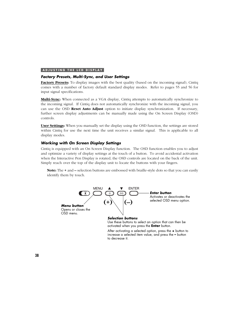 Adjusting the lcd display, Factory presets, multi-sync, and user settings, Working with on screen display settings | Settings. see | Wacom Cintiq 18SX User Manual | Page 40 / 62